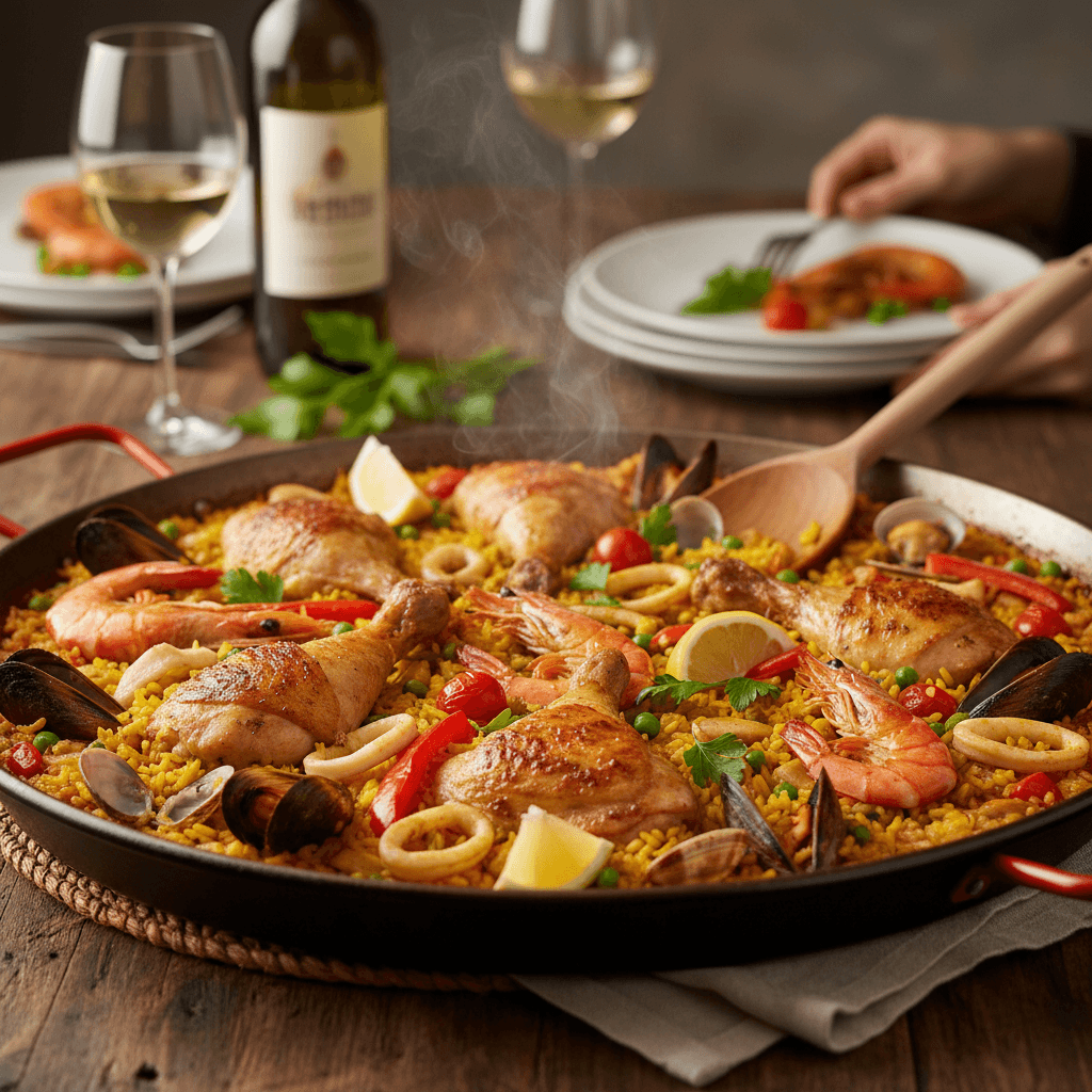 Klassische Spanische Paella mit Meeresfrüchten und Huhn